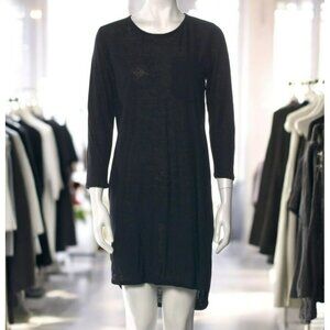 Brochu Walker P  Black Linen Shift Dress  Crew Neck  Minimalist 3/4 Sleeve‎